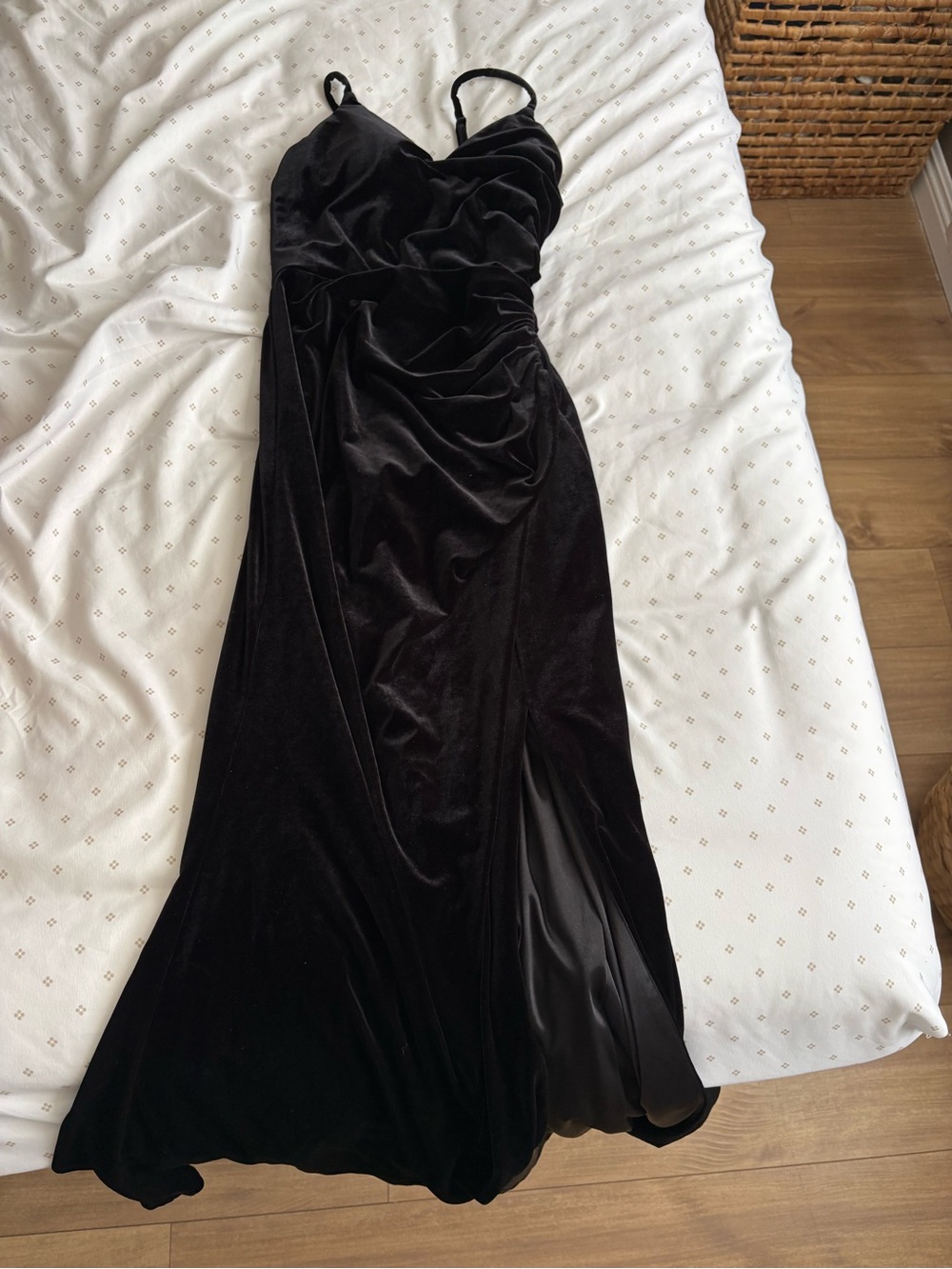 Revelry Black Velvet Ruched Evening Gown